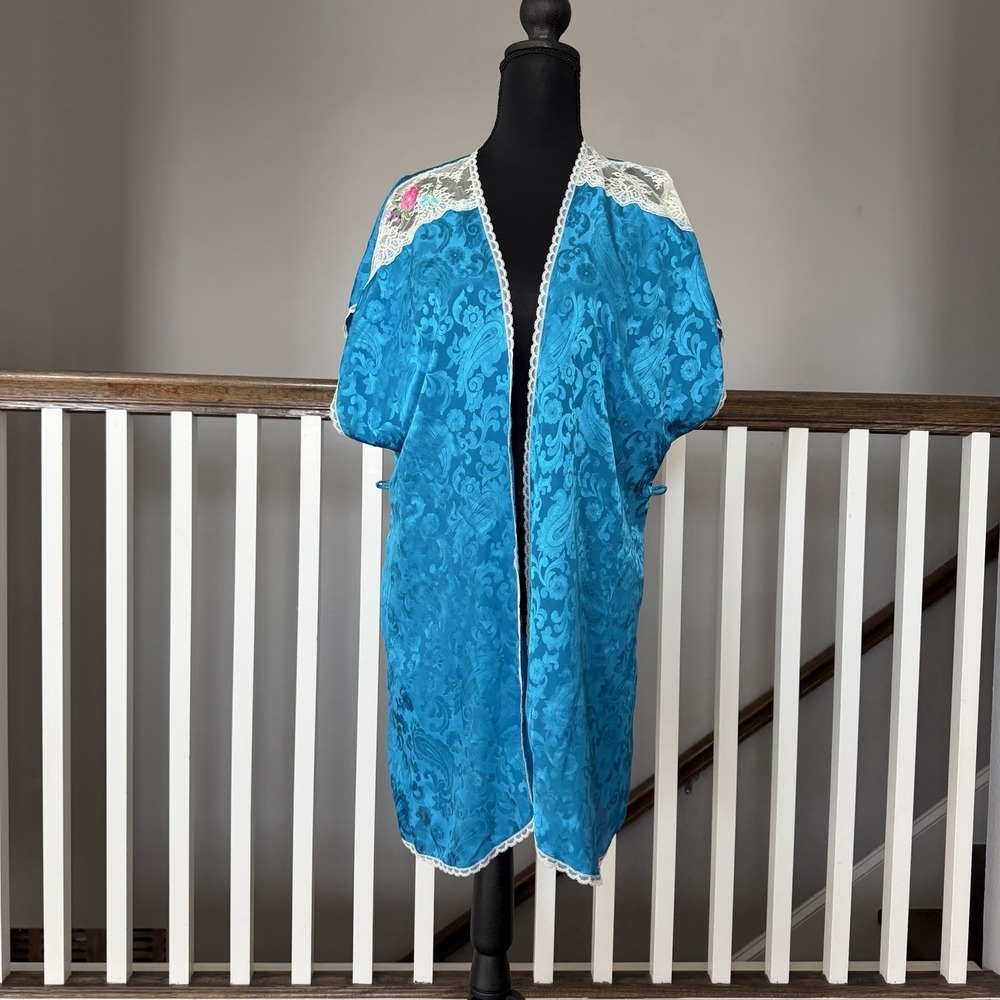 Vtg Val Mode Lingerie Sz M Robe Floral Embroidered Lace‎ Sexy Satin Lounge Blue